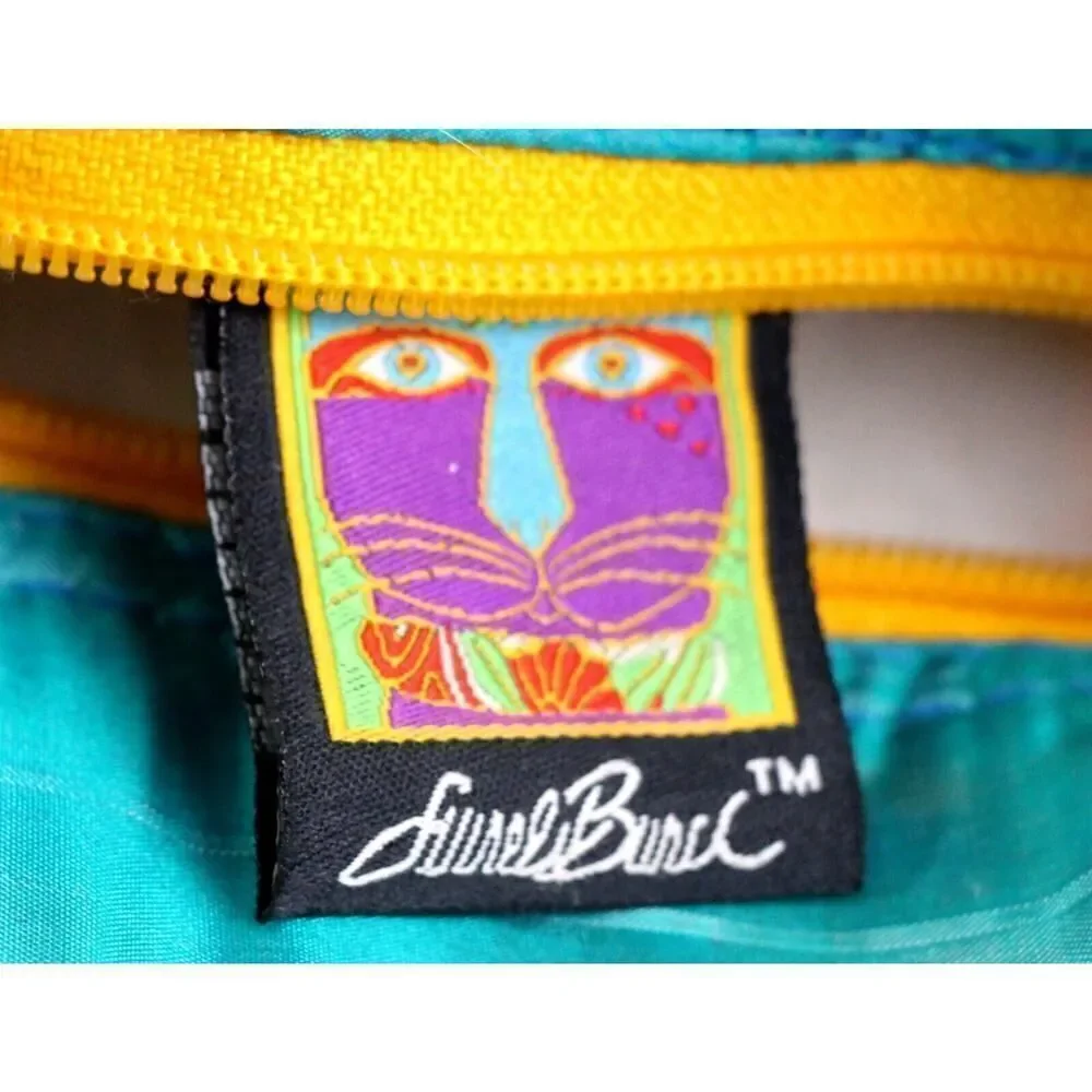 Laurel Burch MULTICOLOR COTTON CANVAS KAT BLUE HANDLES SATCHEL HANDBAG